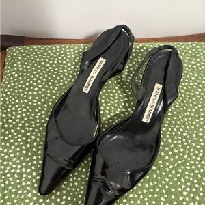 Manolo Blahnik Black Patent Pointed Slingback Pumps